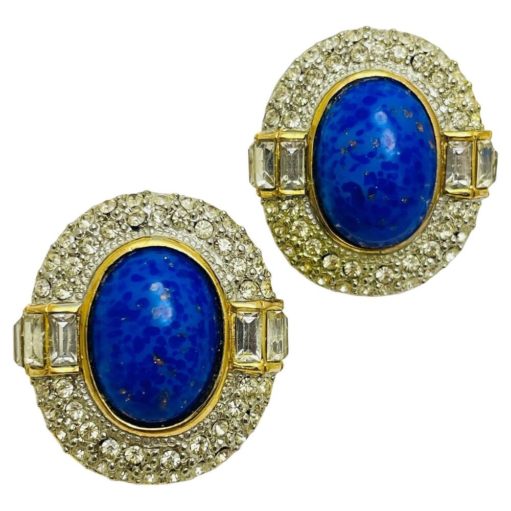 Vintage gold tone glass lapis rhinestone designer clip on earrings
